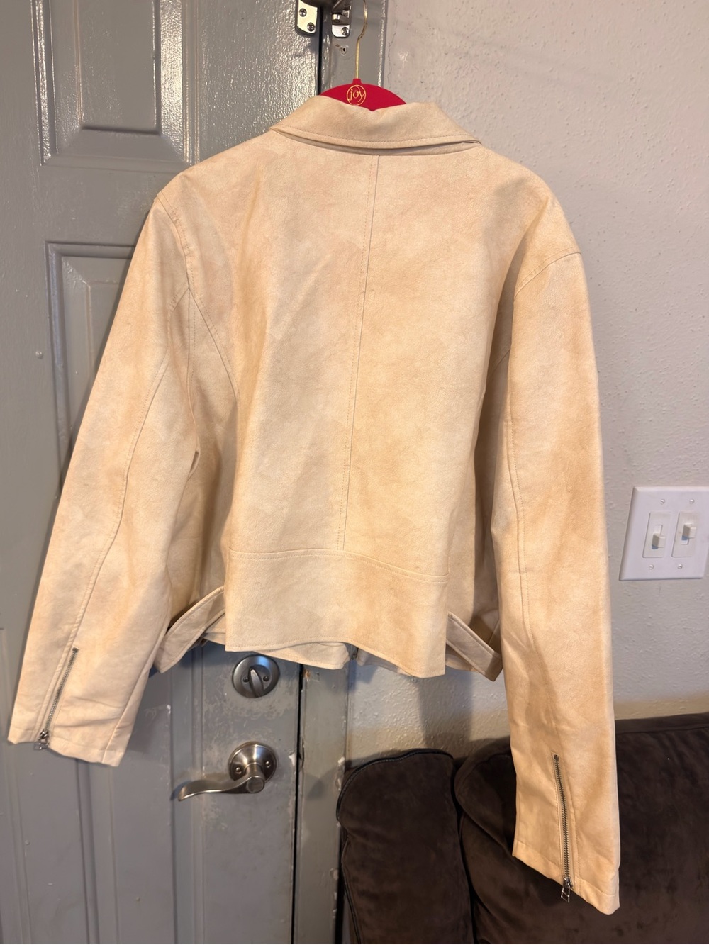 Fashion Nova Cream Cropped Moto Jacket with Belt - Picture 7 of 8